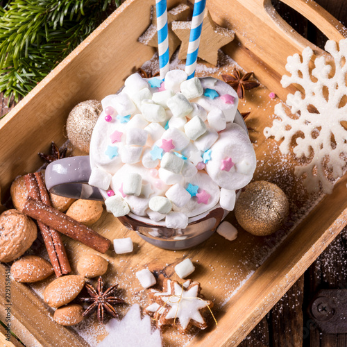 hot chocolate with colorful mini-marshmallows mix