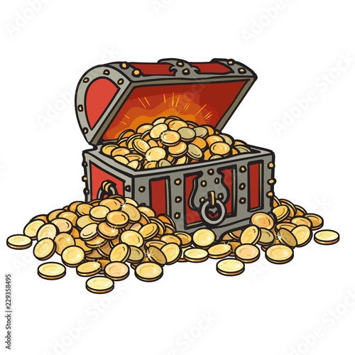 Old chest with gold coins. Piles of coins around. Cartoon style hand drawn vector illustration.