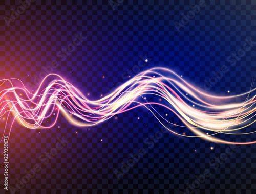 Futuristic waves in speed motion. Blue and violet wavy dynamic lines with sparkles on transparent background. Magic light. Glowing swirl trail. Light painting effect. Vector illustration