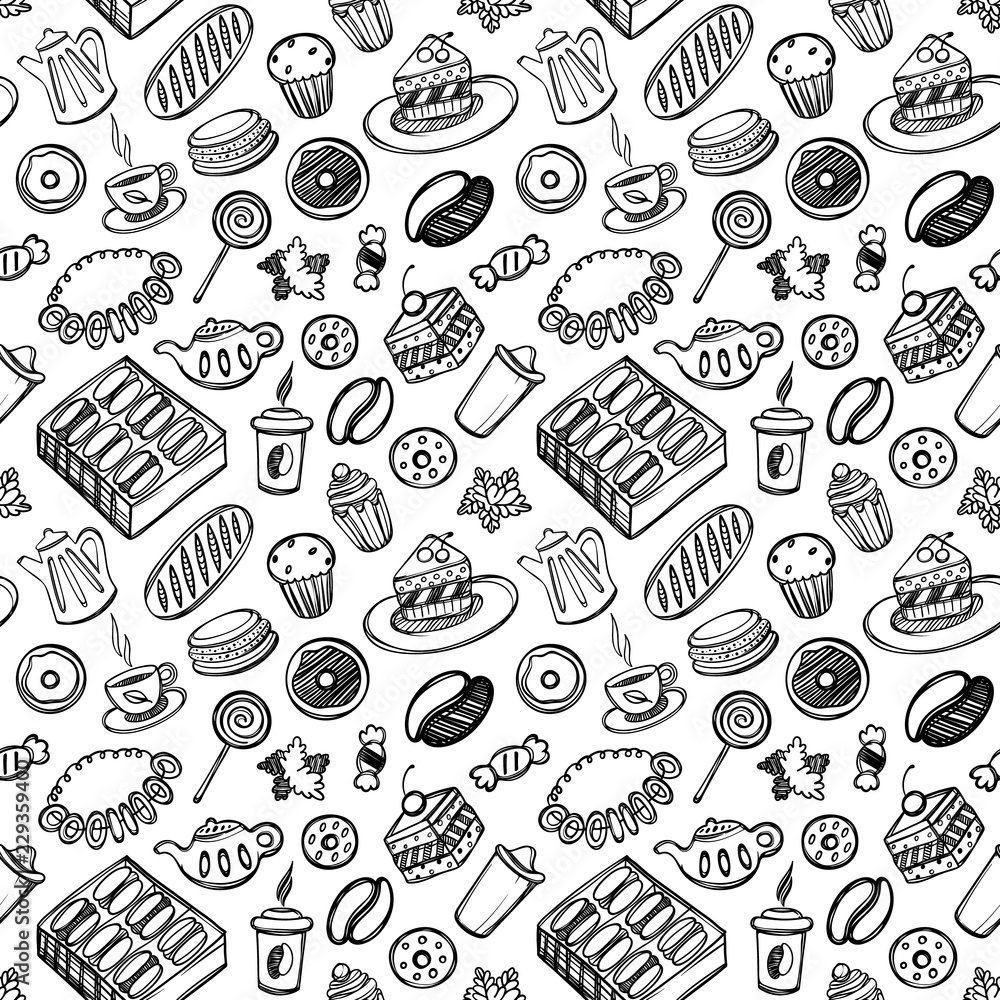 Cartoon cute food and kitchenware on white background. Seamless pattern. Linear illustration. For zentangle book. Dessert time