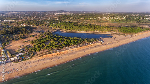 Aerial. Landscape from the sky of the beaches of the Algarve Quarteira Vilamoura.