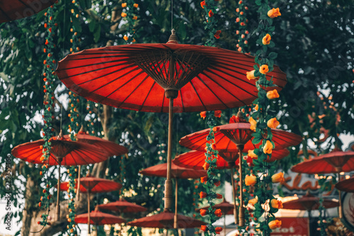 Red umbrella in Northern thai style in decoration