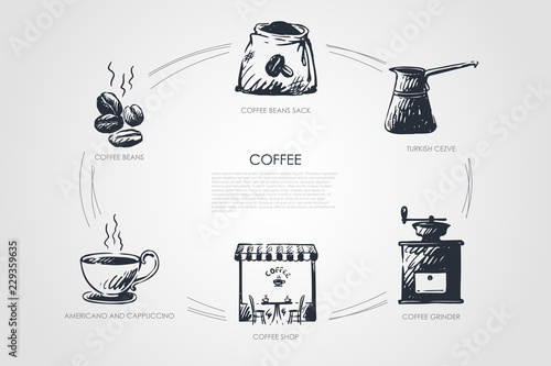Coffee- beans, americano and cappucino, coffee shop, grinder, turkish cezve, bean sack vector concept set