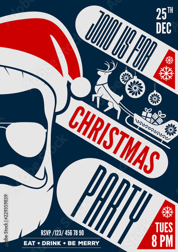 Christmas party invitation, flyer or poster design with Santa Claus hat, beard and glasses. Vector illustration. photo