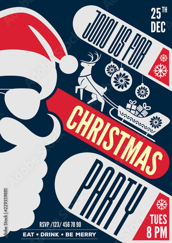 Christmas party invitation, flyer or poster design with Santa Claus hat, beard and glasses. Vector illustration.