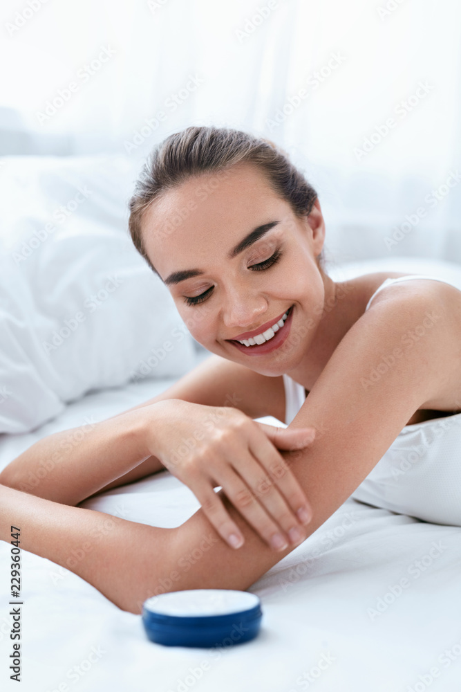 Body Skin Care. Beautiful Woman Applying Body Cream On Skin Body Skin Care. Beautiful Woman Applying Body Cream On Skin
