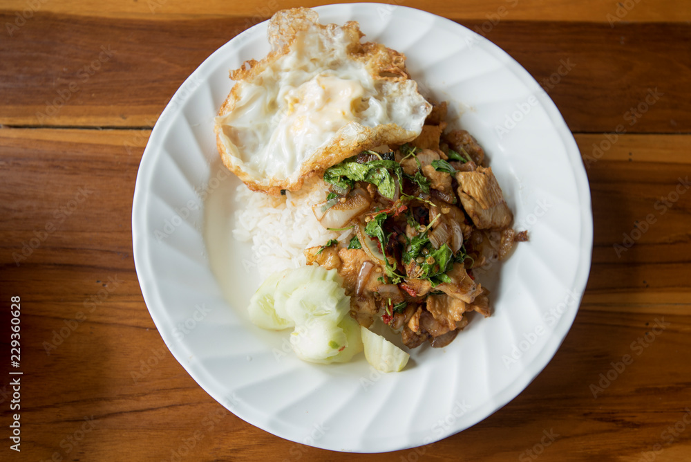 Fried basil leave with pork and Fried egg Fried basil leave with pork and Fried egg