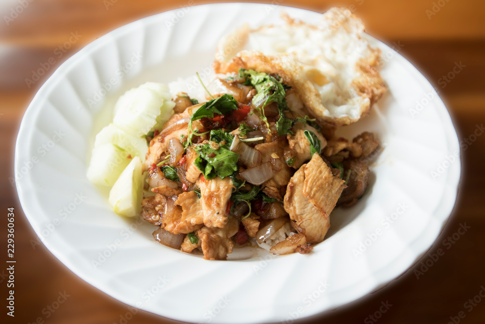 Fried basil leave with pork and Fried egg Fried basil leave with pork and Fried egg