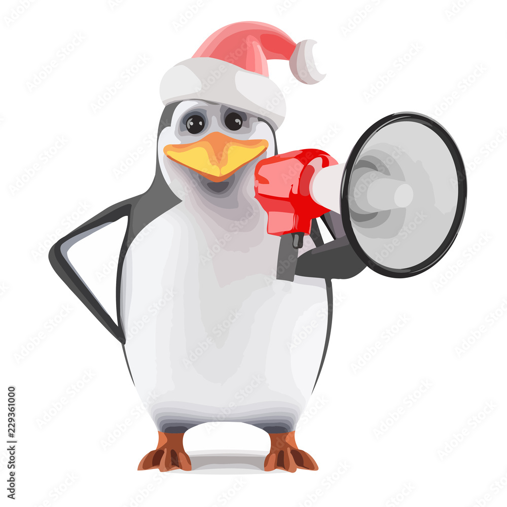 Obraz premium Vector 3d Santa penguin yells through a megaphone