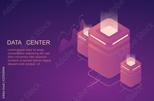 Computer technologies, datacenter, server room, web hosting and dedicated servers, high digital technologies  isometric gradient vector