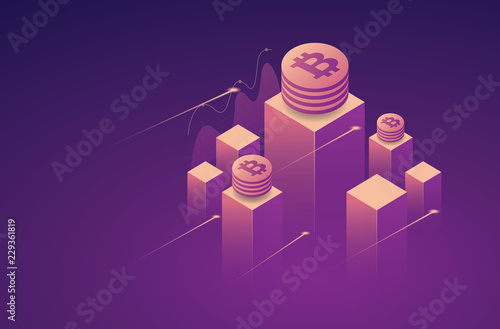 Cryptocurrency and Blockchain concept. Farm for mining bitcoins. Digital money market, investment, finance and trading.