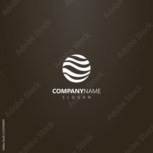 white logo on a black background. simple vector logo of round abstract wave-shaped planet sphere