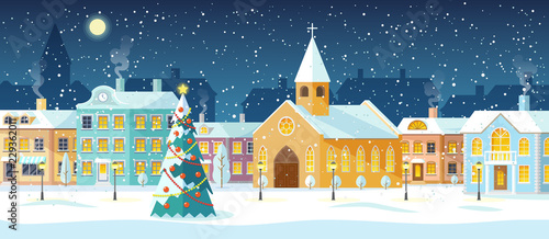 Snowy night in cozy christmas town city panorama. Snowy street with Christmas tree. Winter christmas village night landscape