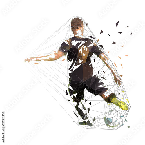 Football player in black jersey kicking ball, abstract low poly vector drawing. Soccer, isolated geometric colorful illustration