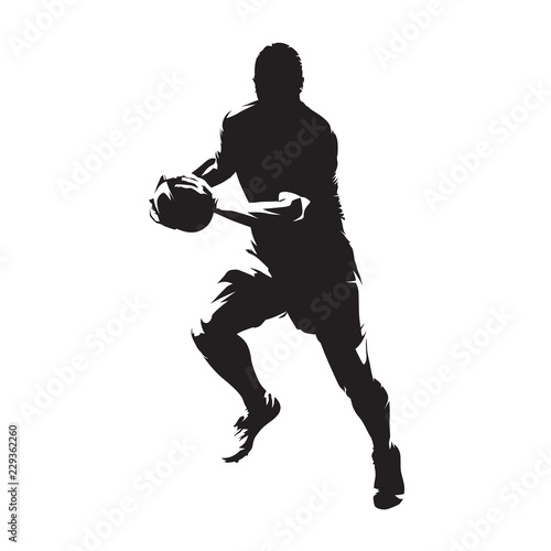 Rugby player running with ball, isolated vector silhouette,front view. Ink drawing. Team sport