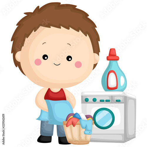 a kid washing his clothes in the washing machine