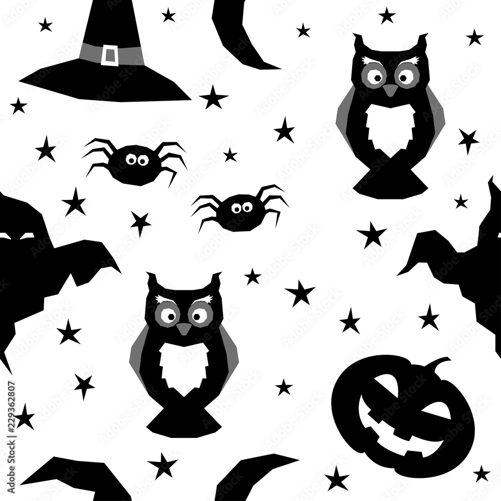 Abstract monochrome happy halloween seamless background. Modern pattern for halloween card, party invitation, menu, wallpaper, holiday shop sale, bag print, t shirt, workshop advertising etc.