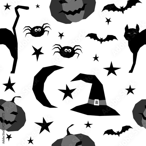 Abstract monochrome happy halloween seamless background. Modern pattern for halloween card, party invitation, menu, wallpaper, holiday shop sale, bag print, t shirt, workshop advertising etc.