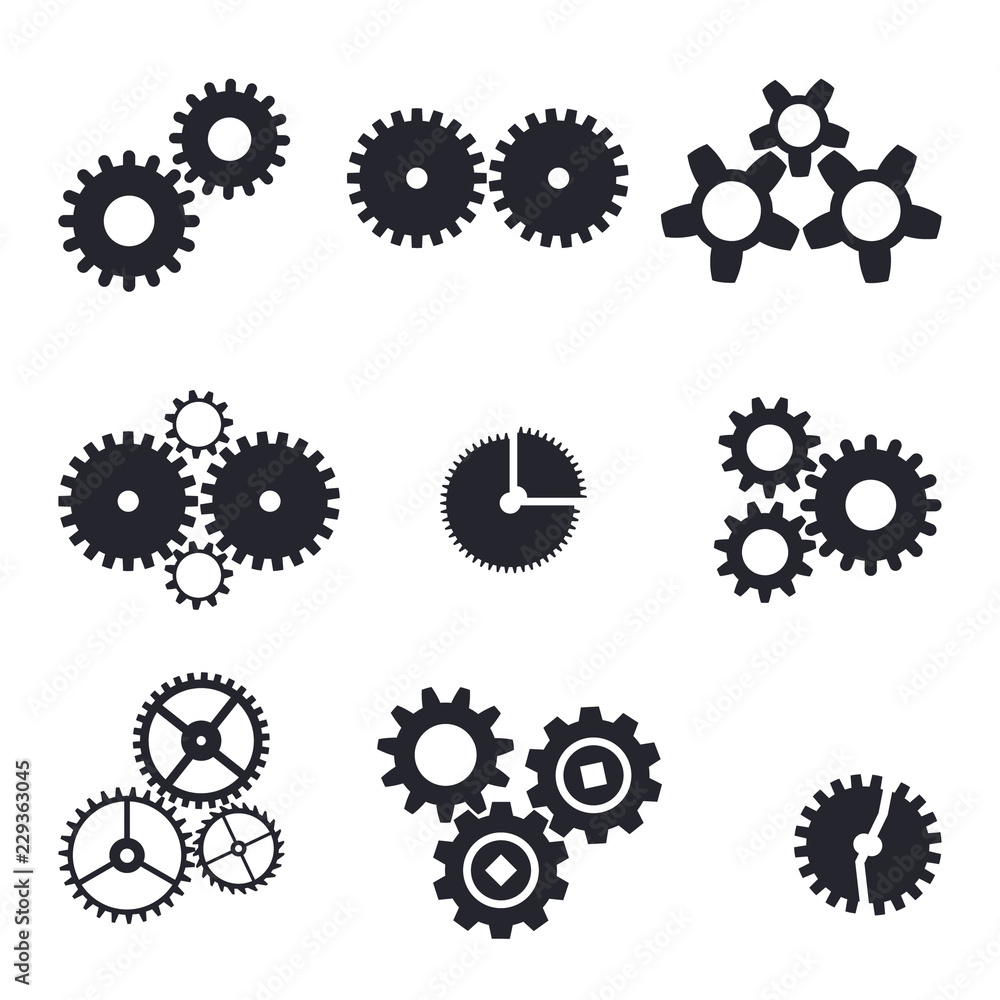 Set of gear mechanism icons, isolated on white background. Vector illustration.