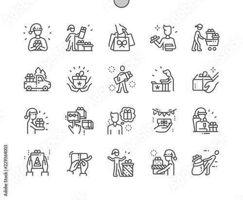 People with christmas gifts Well-crafted Pixel Perfect Vector Thin Line Icons 30 2x Grid for Web Graphics and Apps. Simple Minimal Pictogram