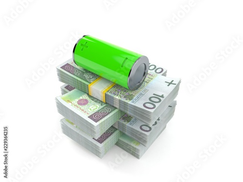 Green battery on stack of money