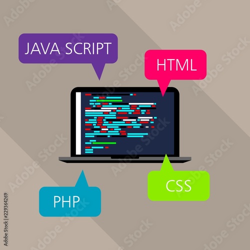 Concept of programming on laptop. HTML, PHP, JAVA SCRIPT and CSS.