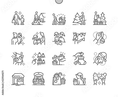 Family with kids prepare for christmas Well-crafted Pixel Perfect Vector Thin Line Icons 30 2x Grid for Web Graphics and Apps. Simple Minimal Pictogram
