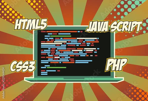 Concept of web programming style comics. HTML, JAVA SCRIPT, CSS and PHP.