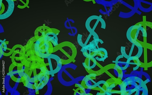 Multicolored translucent dollar signs on dark background. Green tones. 3D illustration