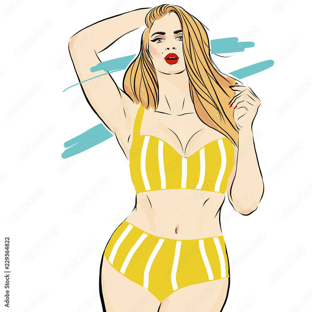 Vetor de Fashion and beauty illustration. Girl sketch plus size model.  Curvy plus size beautiful girl in bikini or swimsuit. Happy body positive  concept. Pin up style. For fat acceptance movement, girl