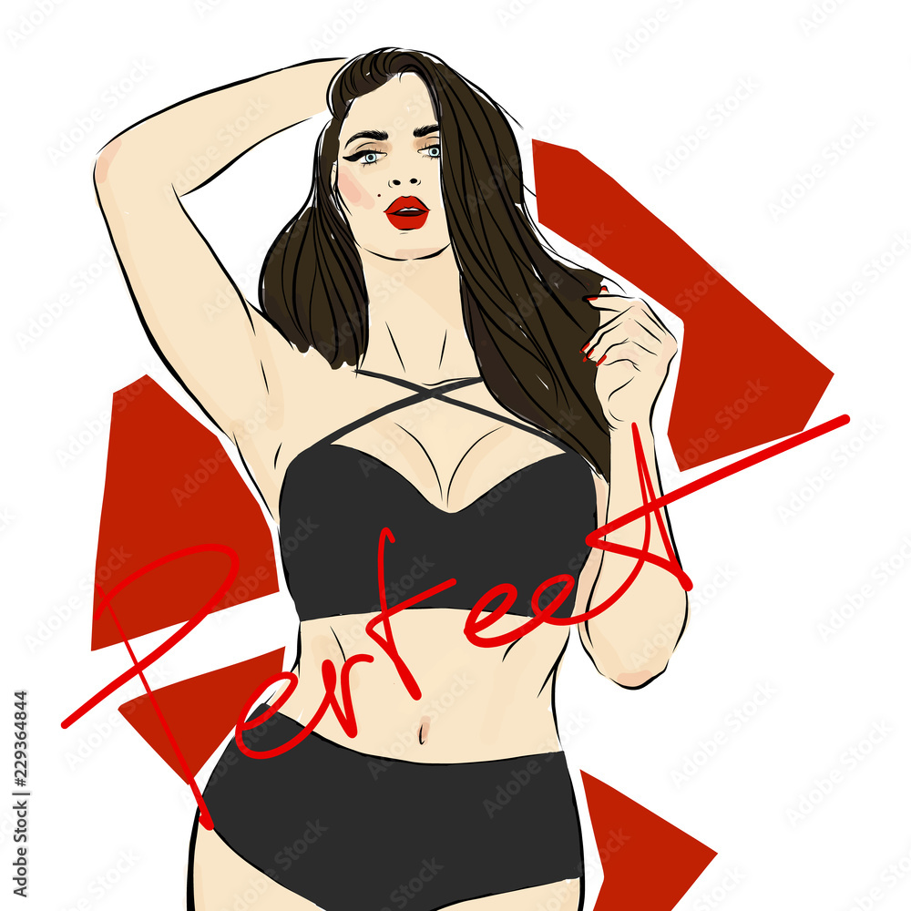 Fashion and beauty illustration. Girl sketch plus size model. Curvy plus  size beautiful girl in bikini or swimsuit. Happy body positive concept. Pin  up style. For fat acceptance movement, girl power Stock