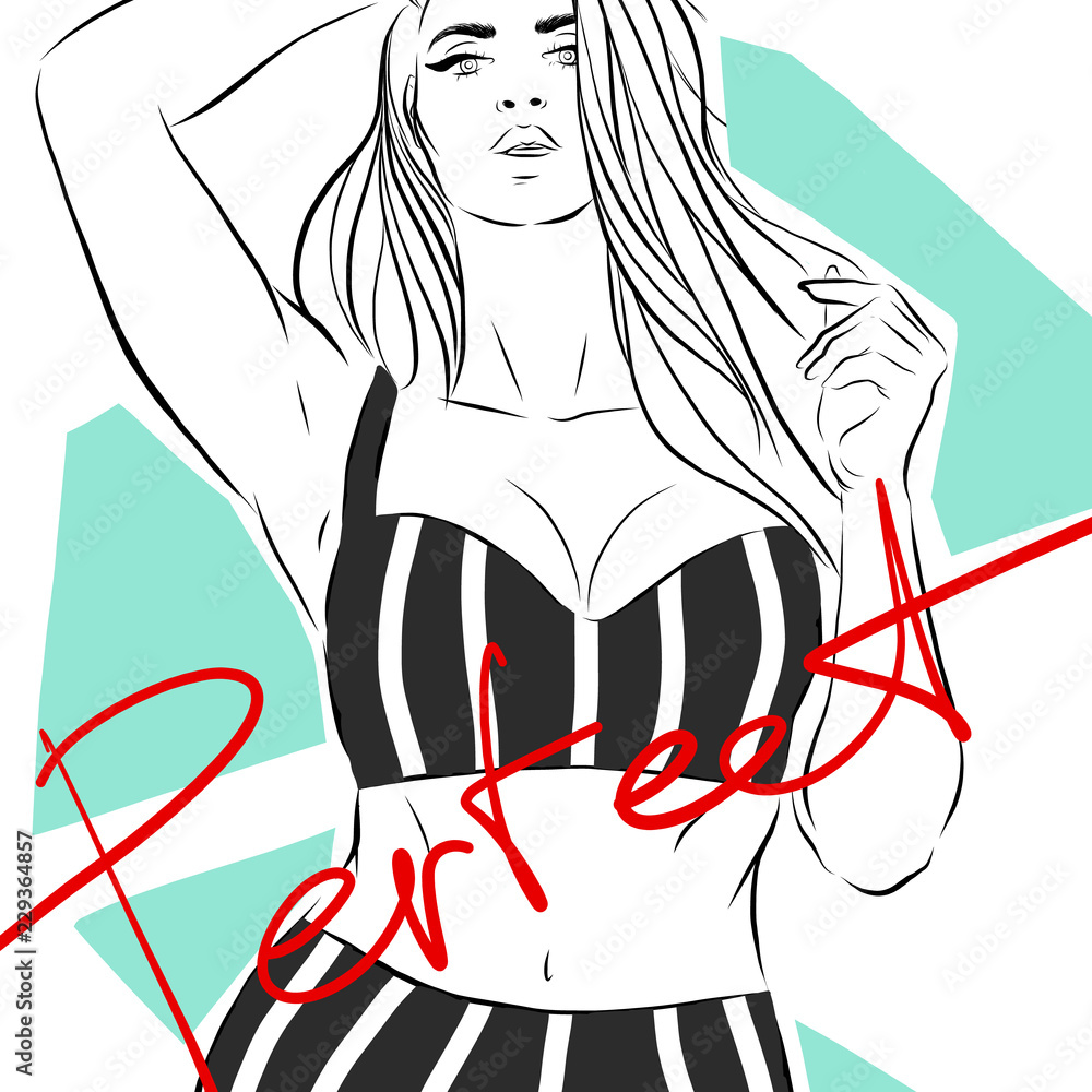 Fashion Illustration. Bautiful Woman. Curvy woman in striped swimsuit.  Vector illustration. Plus size model in lingerie or swimsuit. Body positive  concept. Happy bodypositive concept. Pin up style Stock Vector