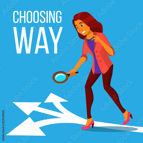 Business Woman Standing On Three Arrows Choosing The Business Way Vector. Isolated Illustration