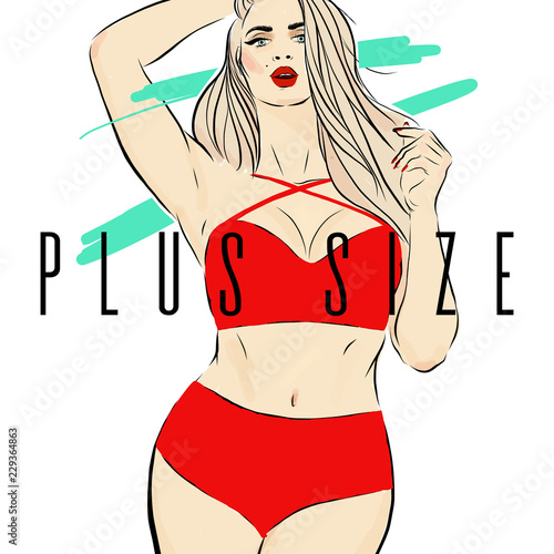 Fashion and beauty illustration. Girl sketch plus size model. Curvy plus size beautiful girl in bikini or swimsuit. Happy body positive concept. Pin up style. For fat acceptance movement, girl power
