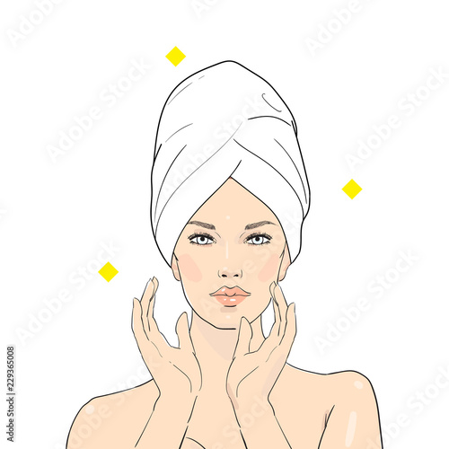 Beauty care illustration. Beautiful woman in towel touching her face after beauty mask on a white background. Skin care. Relaxation. Vector beautiful Spa girl enjoying face treatment. Vector Spa girl