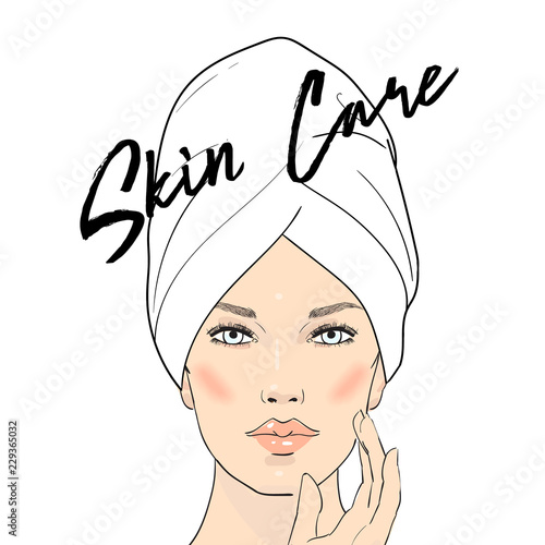 Beauty care illustration . Beautiful woman in towel touching her face after beauty mask . Skin care . Relaxation. Vector beautiful Spa girl enjoying face treatment. Vector Spa girl . Spa day