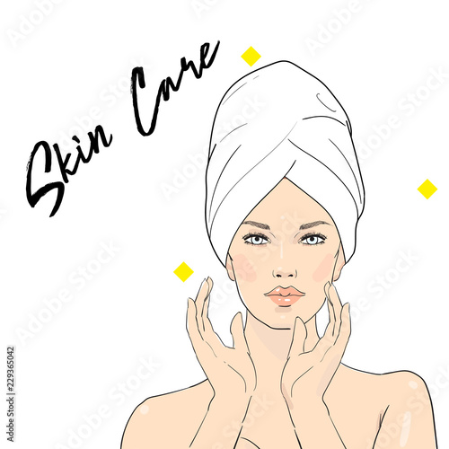 Beauty care illustration . Beautiful woman in towel touching her face after beauty mask . Skin care . Relaxation. Vector beautiful Spa girl enjoying face treatment. Vector Spa girl . Spa day