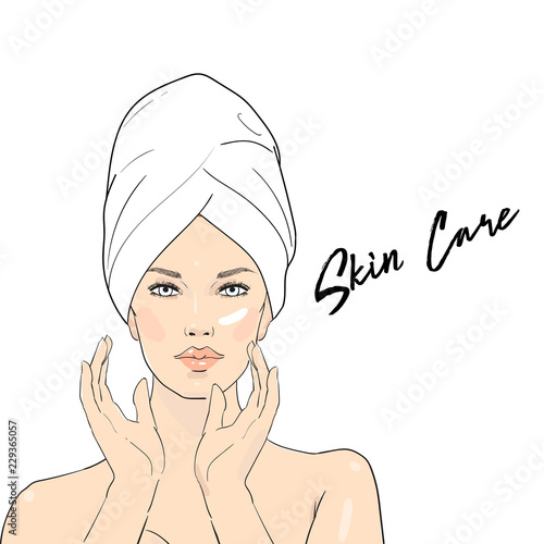 Beauty care illustration . Beautiful woman in towel touching her face after beauty mask . Skin care . Relaxation. Vector beautiful Spa girl enjoying face treatment. Vector Spa girl . Spa day
