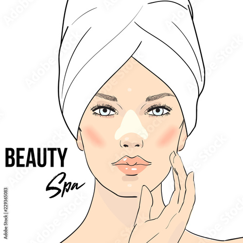 Beauty care illustration . Beautiful woman in towel touching her face after beauty mask . Skin care . Relaxation. Vector beautiful Spa girl enjoying face treatment. Vector Spa girl . Spa day