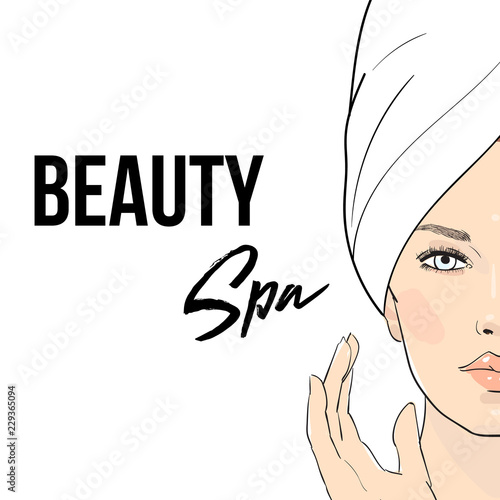 Beauty care illustration . Beautiful woman in towel touching her face after beauty mask . Skin care . Relaxation. Vector beautiful Spa girl enjoying face treatment. Vector Spa girl . Spa day