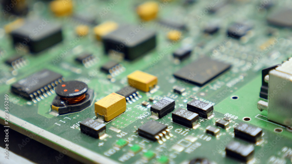 Electronic printed circuit board with many electrical components Electronic printed circuit board with many electrical components