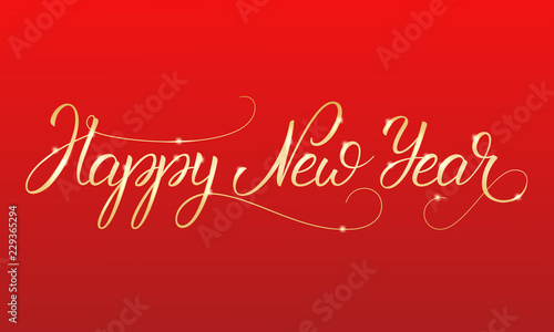 Happy New Year. Shiny gold lettering calligraphy for Winter holidays.