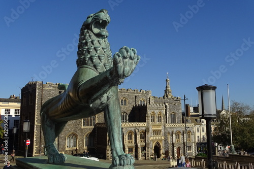 Lion statue overlooking Norwich Guildhall - Norfolk, England, UK