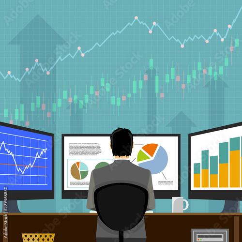 Financial trader on workplace. Stock market data on computer screen.