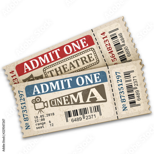 Theater and cinema  tickets in retro style. Two admission tickets isolated on white background. Vector illustaration