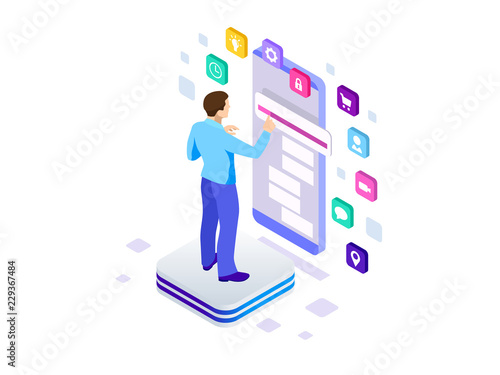 Isometric programmer working in a software develop company office. Developing programming and coding technologies concept. UX UI User Interface and User eXperience Process.