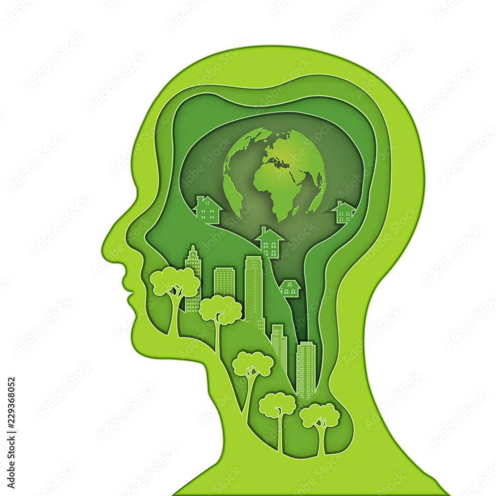 Paper cut Layer of human head, Green trees, citys and world brain isolated on white background as business, science, ecology idea , carve art and craft style concept. vector illustration. Paper cut Layer of human head, Green trees, citys and world brain isolated on white background as business, science, ecology idea , carve art and craft style concept. vector illustration.