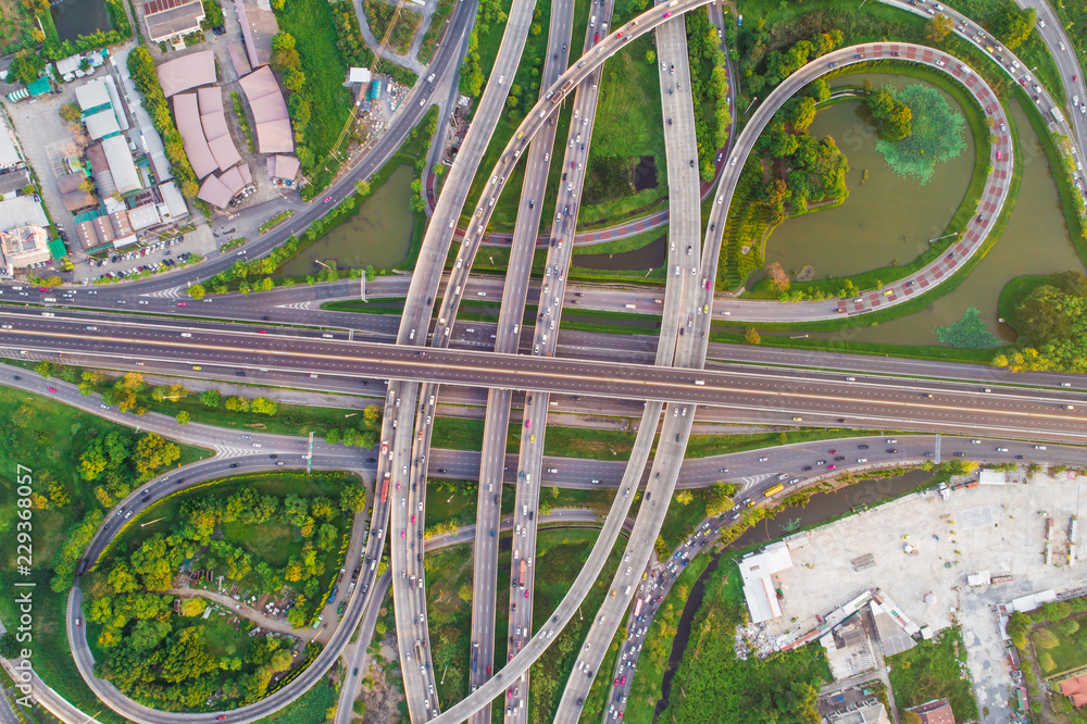 Aerial view of city transport junction road with vehicle Aerial view of city transport junction road with vehicle