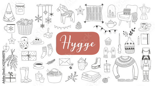 Nordic, Scandinavian winter elements and Hygge concept design, Merry Christmas card, banner, background