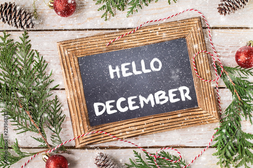 HELLO DECEMBER lettering design. Winter holiday composition